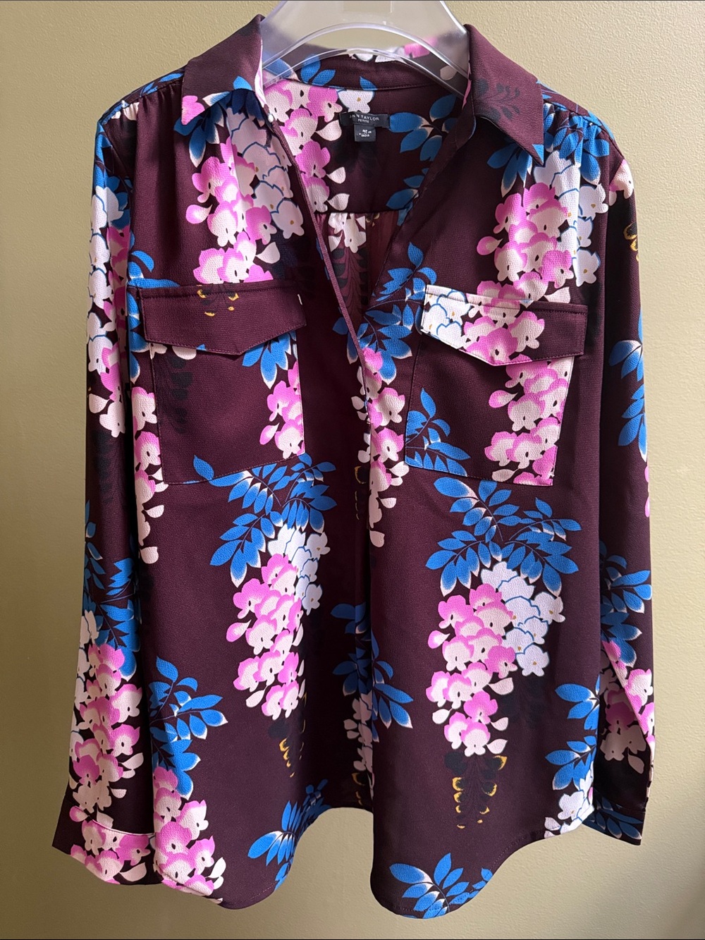 Ann Taylor Floral Blouse - Burgundy with Pink & Blue Blooms